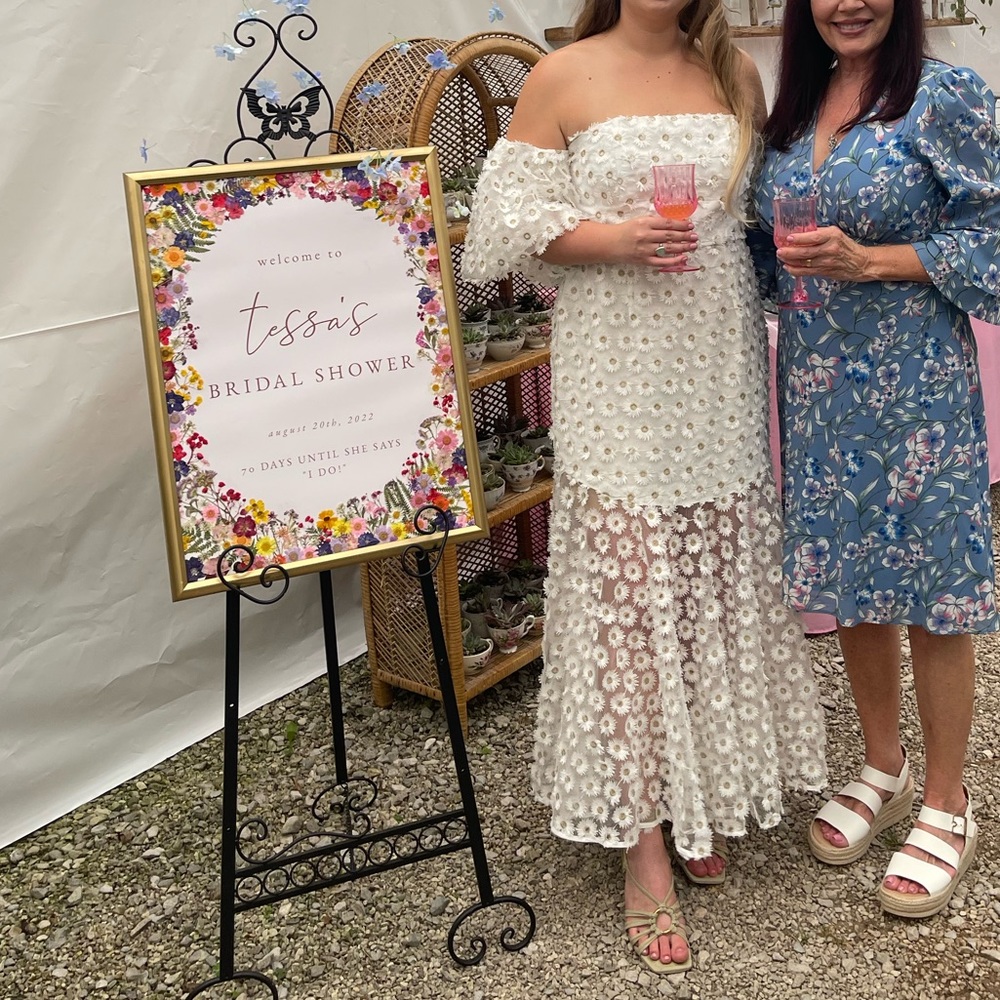 ASOS Edition off shoulder dress embroidered with white daisy’s in white